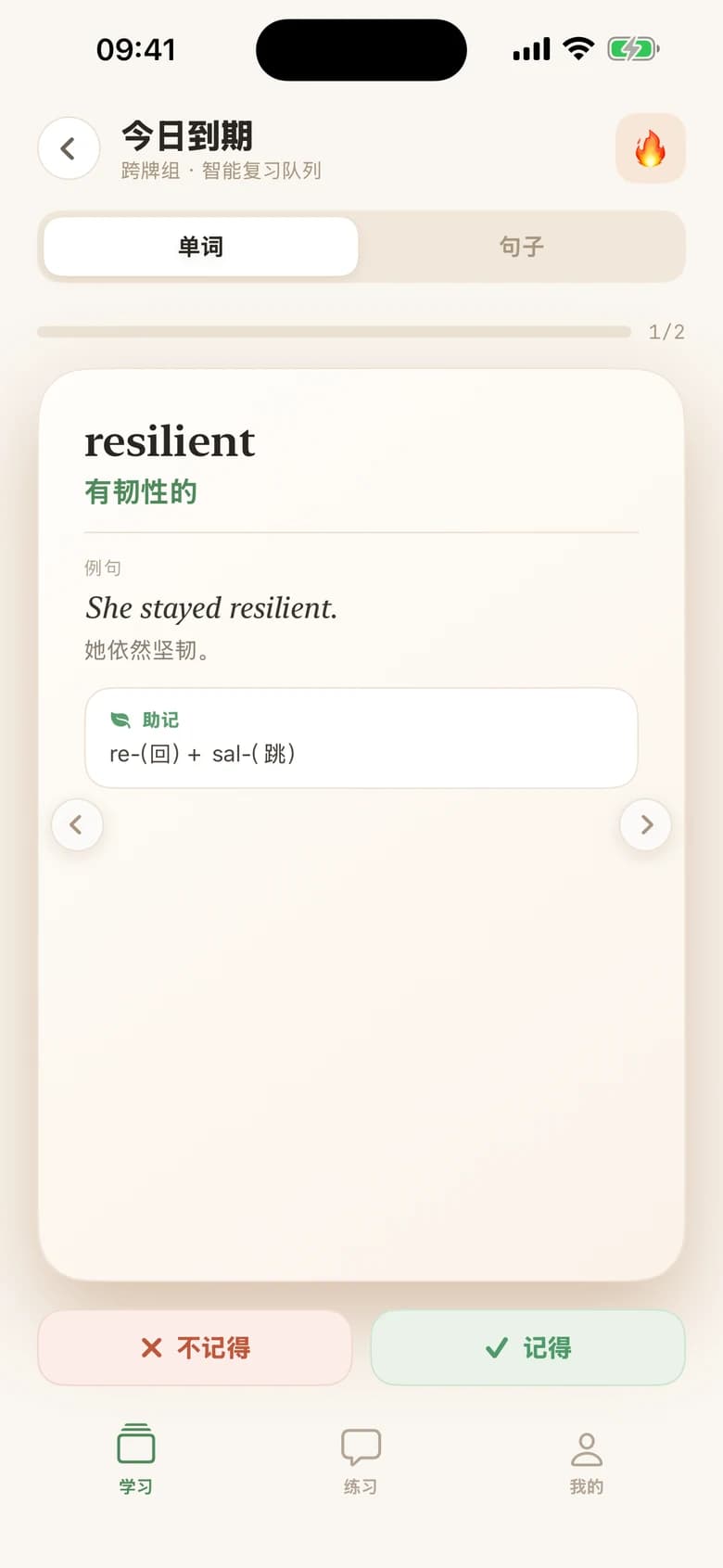 DailyUse iPhone 今日到期复习界面，展示 resilient 的释义、例句、助记和记得或不记得按钮；内容为预览数据